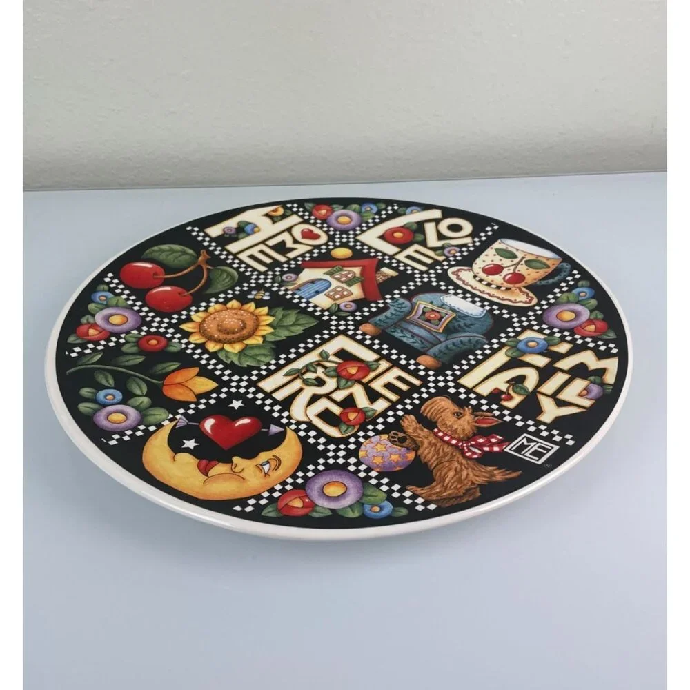 VTG 2000 Santa Barbara Ceramic Design Mary Engelbreit USA Black Platter Floral